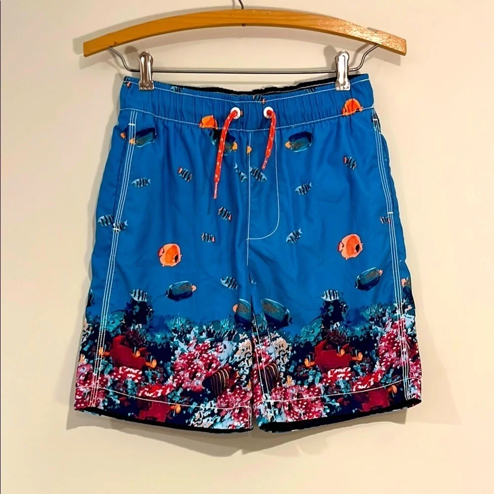 GAP KIDS Youth Boys XL Swim Trunks Blue Ocean Fish Mesh Lining Swim Suit EUC